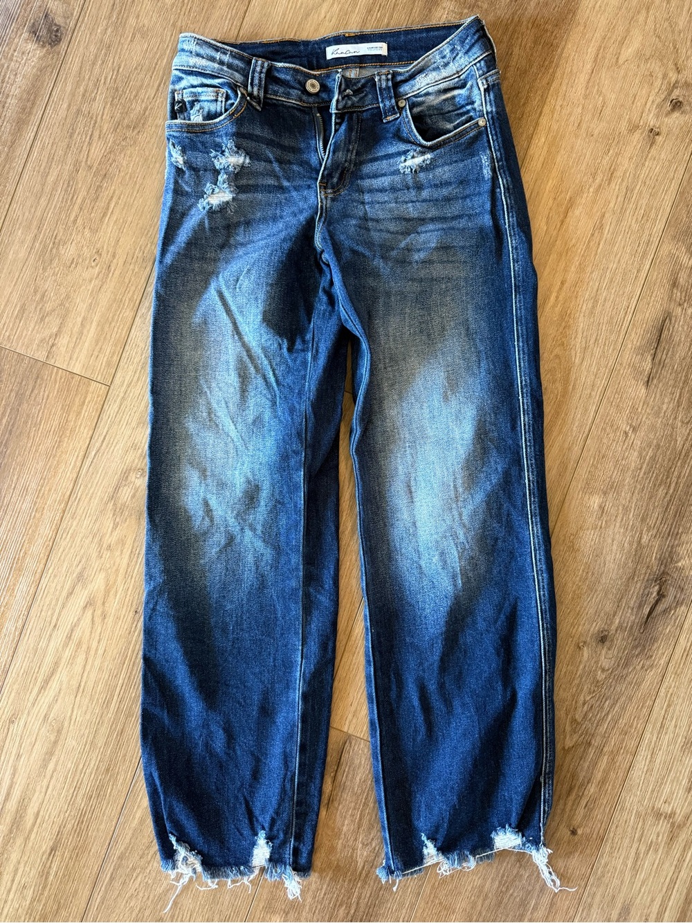 KanCan Women’s Wide-Leg Distressed Crop Dark Blue Jeans